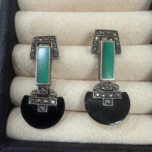 Vintage Marcasite Green and Black Geometric Earrings